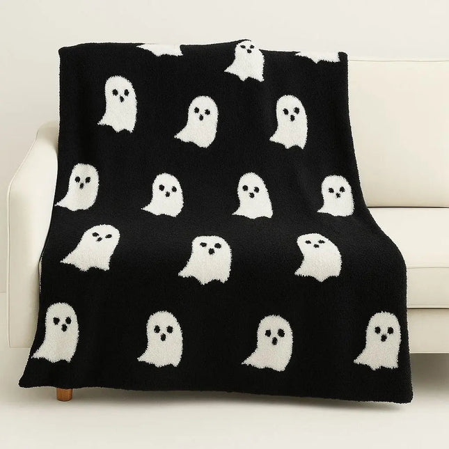 Throw Blanket with Halloween Ghost Print, Knitted Halloween Blanket, Cozy Knit Throw Blanket for Couch, Halloween Decor