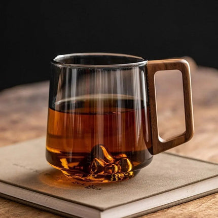 Glass Coffee Mug with Wooden Handle, Borosilicate Glass Coffee Cup for Tea and Juice