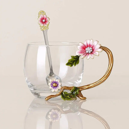 Glass Coffee Cup with Hand Painted Enamel Flowers, Tea Cup with Gold Tone Handle