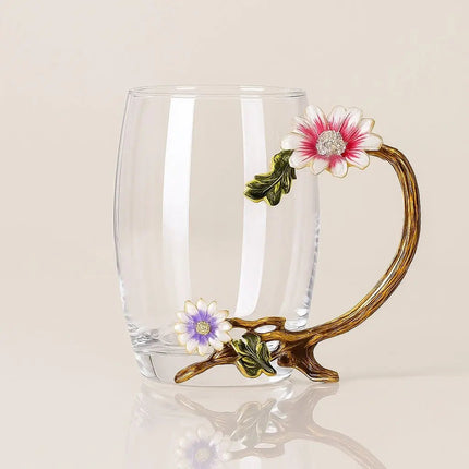 Glass Coffee Cup with Hand Painted Enamel Flowers, Tea Cup with Gold Tone Handle – image 4