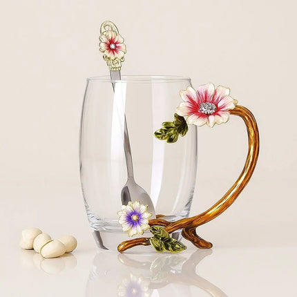 Glass Coffee Cup with Hand Painted Enamel Flowers, Floral Glass Coffee Mug – image 5