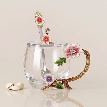 Glass Coffee Cup with Hand Painted Enamel Flowers, Floral Glass Coffee Mug