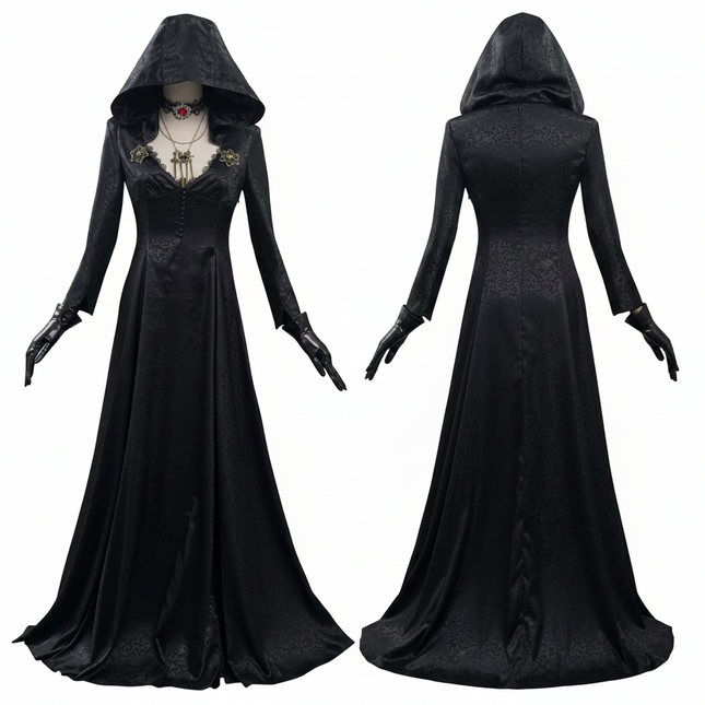 Gothic Vampire Costume | Elegant Black Dress with Cloak & Accessories for Striking Halloween Look 1