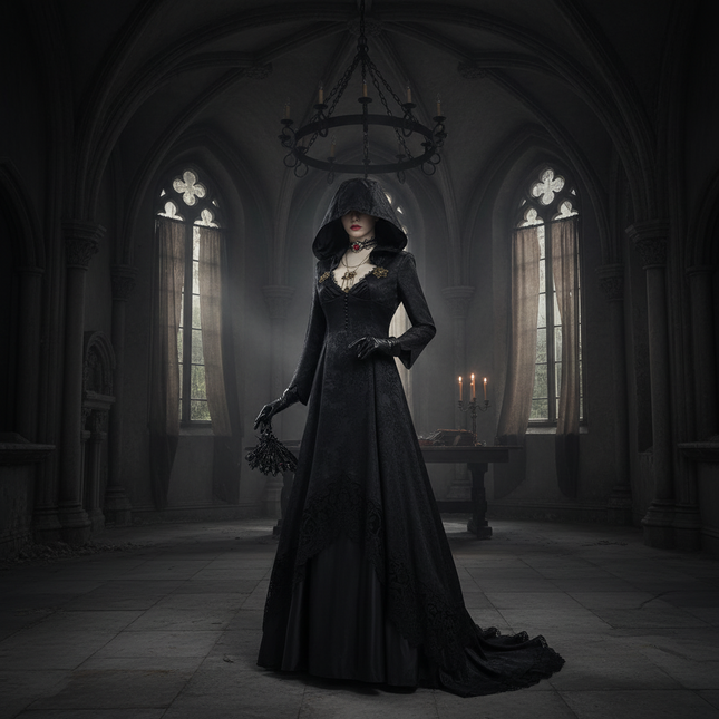 Gothic Vampire Costume | Elegant Black Dress with Hood & Accessories | Perfect for Halloween and Cosplay Events 0