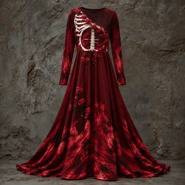 Long Sleeve Maxi Dress, Plus Size Halloween Dress with Skeleton Bodice