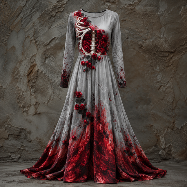 Long Sleeve Maxi Dress, Plus Size Halloween Dress with Skeleton Bodice, Gothic Dress for Women, Halloween Costume Women