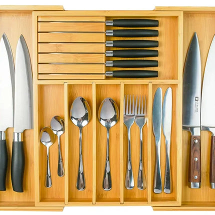 EcoCraft | Bamboo Drawer Organizer with Adjustable Compartments | Space-Saving Storage for Kitchenware and Knives