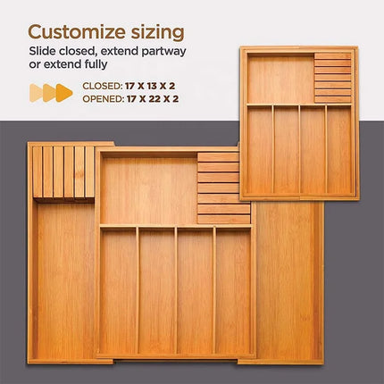 EcoStyle | Bamboo Cutlery Tray Organizer with 7 Compartments | Adjustable Design for Kitchen Drawer Efficiency