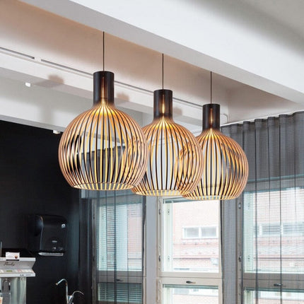 Wood Pendant Light Fixture, Modern Chandelier with Natural Wooden Cage – image 17