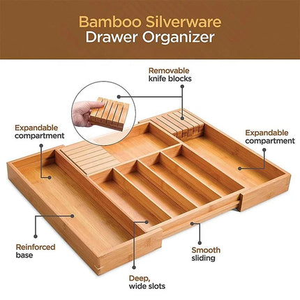 EcoStyle | Bamboo Cutlery Tray Organizer with 7 Compartments | Adjustable Design for Kitchen Drawer Efficiency