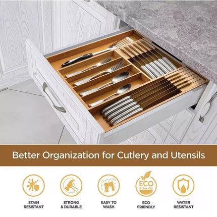 EcoCraft | Bamboo Drawer Organizer with Adjustable Compartments | Space-Saving Storage for Kitchenware and Knives
