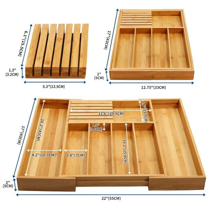 EcoStyle | Bamboo Cutlery Tray Organizer with 7 Compartments | Adjustable Design for Kitchen Drawer Efficiency