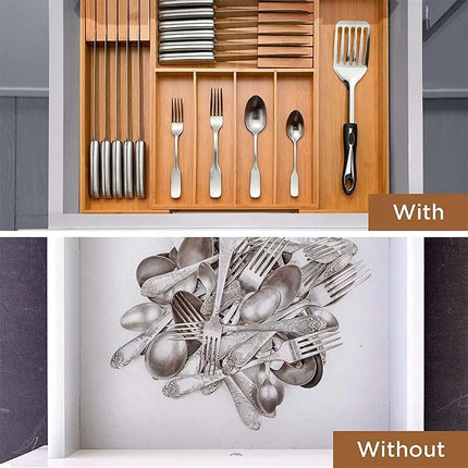 EcoStyle | Bamboo Cutlery Tray Organizer with 7 Compartments | Adjustable Design for Kitchen Drawer Efficiency