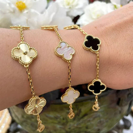 Charm Bracelet, Gold Bracelet for Women with Lucky Clover and Flower Charms