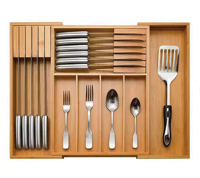 EcoCraft | Bamboo Drawer Organizer with Adjustable Compartments | Space-Saving Storage for Kitchenware and Knives