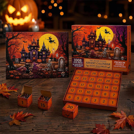 Halloween Advent Calendar Jigsaw Puzzle 1008 Piece, Haunted Castle Halloween Puzzle with 30 Boxes, Halloween Countdown