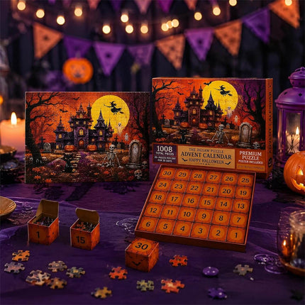 Halloween Advent Calendar Jigsaw Puzzle 1008 Piece, Haunted Castle Halloween Puzzle with 30 Boxes