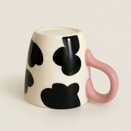 Hand Painted Cow Print Coffee Mug, Cute Mug with Pink Handle