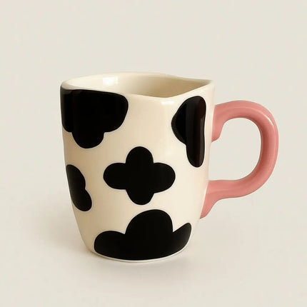 Ceramic Coffee Mug, Cute Mug with Hand Painted Cow Print and Pink Handle, Ceramic Coffee Cup for Tea and Hot Chocolate