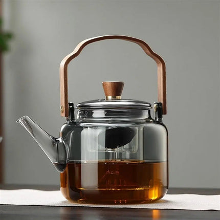 Glass Teapot with Strainer, Large Borosilicate Glass Teapot with Wooden Handle
