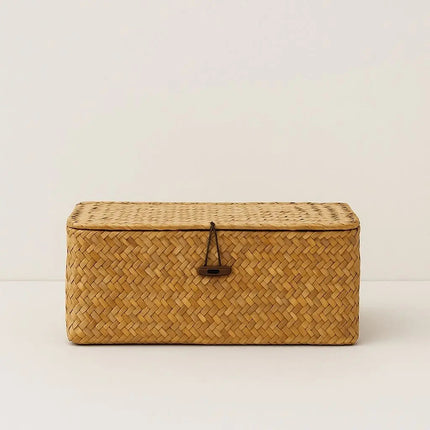 Woven Basket with Lid, Rectangular Storage Baskets Made of Natural Seaweed, Handmade Lidded Basket for Shelf Organizing