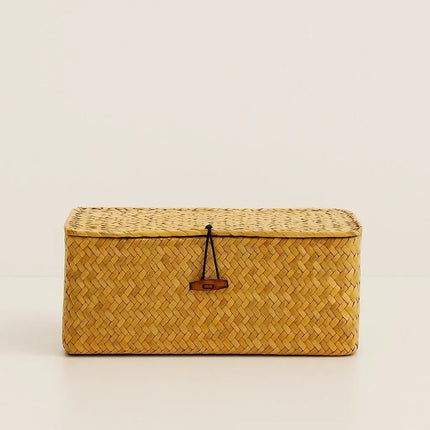 Woven Basket with Lid, Rectangular Storage Baskets Made of Natural Seaweed