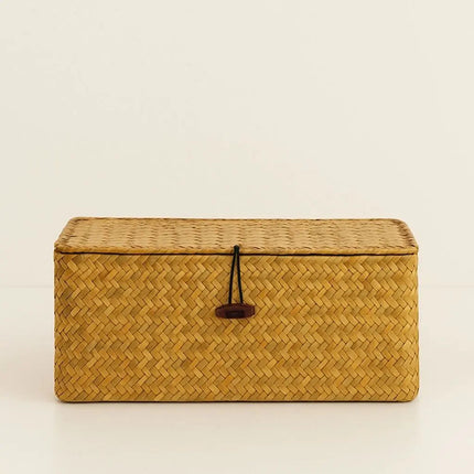 Woven Basket with Lid, Handmade Lidded Basket for Shelf Organizing