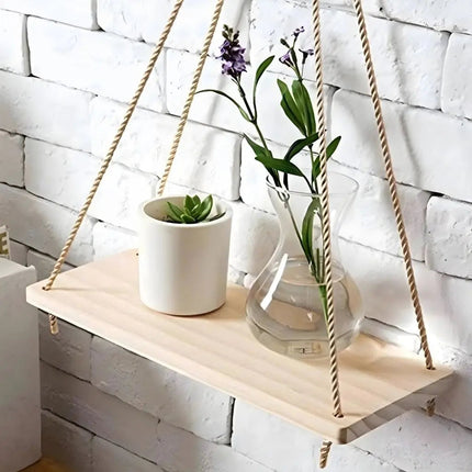 Hanging Wooden Shelf with Rope, Wall Mounted Shelf for Plants and Books – image 4