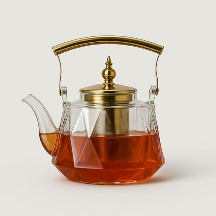 Glass Teapot with Infuser, Heat Resistant Glass Tea Pot with Copper Handle and Lid, Loose Leaf Teapot with Strainer