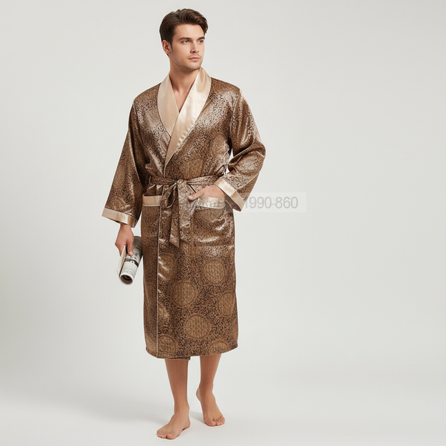 Mens Robes, Satin Mens Bathrobe with Golden Pattern