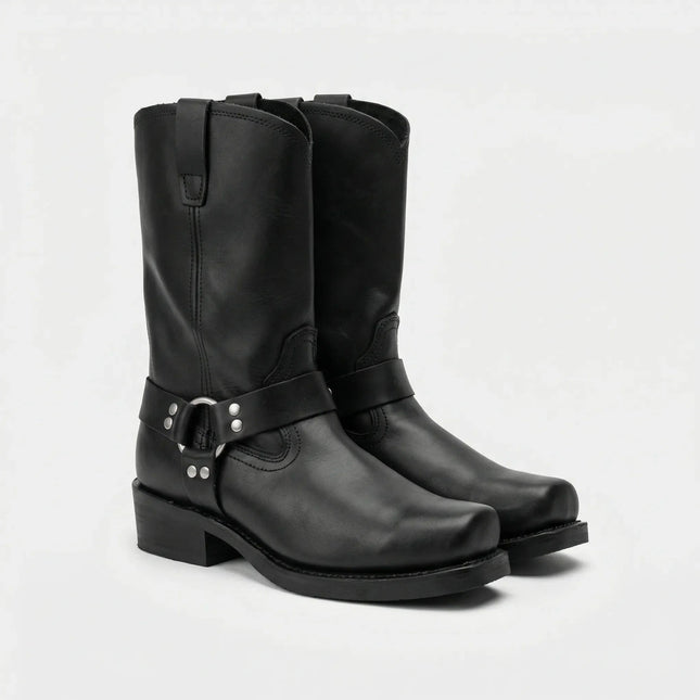 Mens Motorcycle Boots, Tall Harness Boots with Silver Rivets