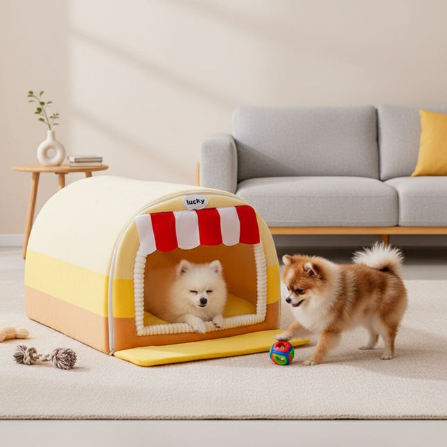 Indoor Dog House, Covered Dog Bed with Removable Cushion, Plush Pet Bed for Winter, Cozy Pet House_01