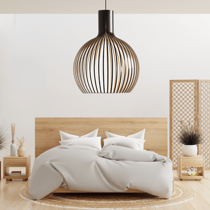 Wood Pendant Light Fixture, Modern Chandelier with Natural Wooden Cage, Rustic Hanging Lamp with Adjustable Black – image 4