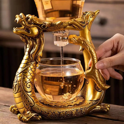 Glass Tea Maker with Golden Dragon and Phoenix Base, Tea Gift for Tea Lovers