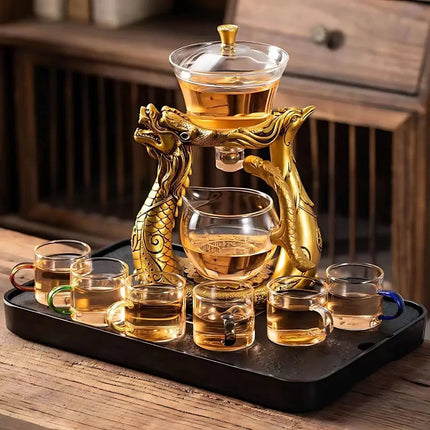 Glass Tea Maker with Golden Dragon and Phoenix Base, Semi Automatic Glass Teapot – image 5