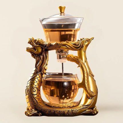 Glass Tea Maker with Golden Dragon and Phoenix Base, Semi Automatic Glass Teapot, Tea Gift for Tea Lovers