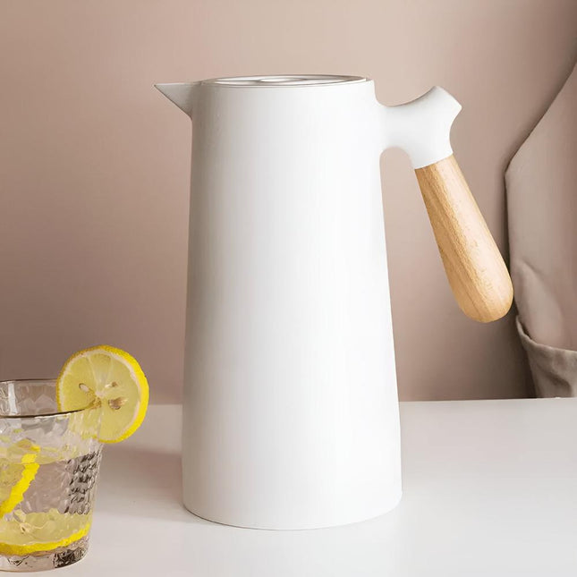 Insulated Thermal Carafe | Double Wall Beverage Server with Wood Handle | 1L Capacity for Hot and Cold Drinks 0