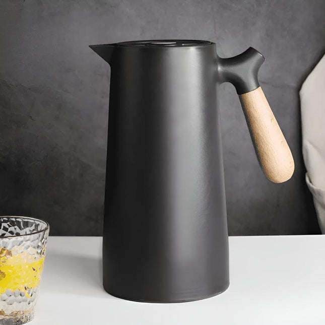 Insulated Thermal Carafe | Double Wall Beverage Server with Wood Handle | 1L Capacity for Hot and Cold Drinks 1
