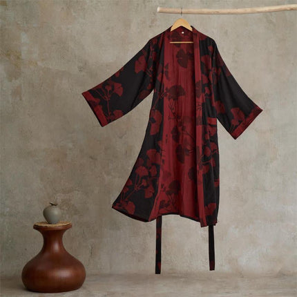 Kimono Robe, Reversible Two Tone Bathrobe with Ginkgo Print