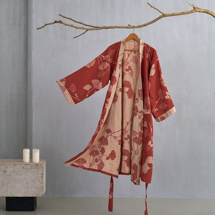 Kimono Robe, Reversible Two Tone Bathrobe with Ginkgo Print – image 8