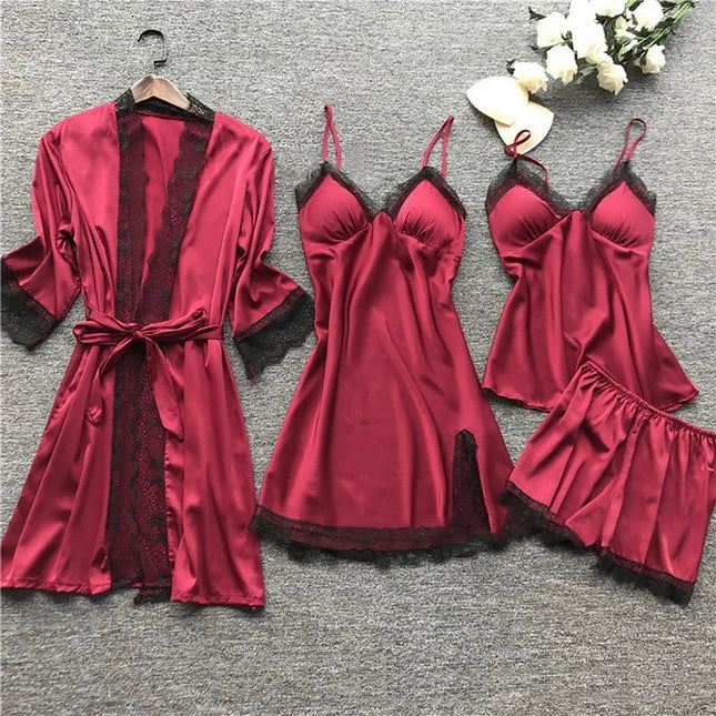 Womens Pajama Set, Silk Pajamas with Kimono Robe, Pajama Shorts Set with Cami and Pants, Luxury Sleepwear in Silk Satin_01