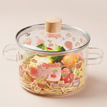 Glass Soup Pot with Lid, Non Stick Stew Pot for Noodles, Cute Cupcake Glass Cookware with Double Handles