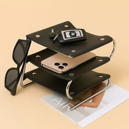3 Tier Desk Organizer, Leather Desktop Shelf with Metal Frame