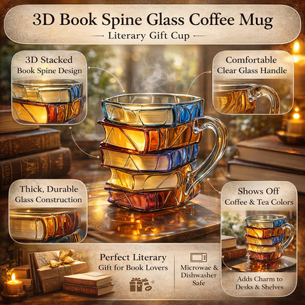 Literary Charm | 3D Book Spine Glass Coffee Mug with Durable Design | Unique Gift for Book Lovers 3