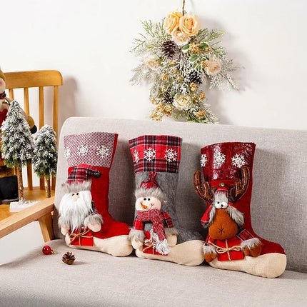 Christmas Stocking Reindeer Motif, Nostalgic Christmas Decor and Mantel Decor, Holiday Decor with Space for Gifts