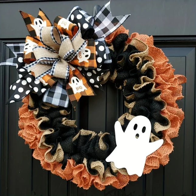 Halloween Front Door Wreath, Burlap Halloween Wreath with Ribbon and Ghost, Halloween Decorations for Door