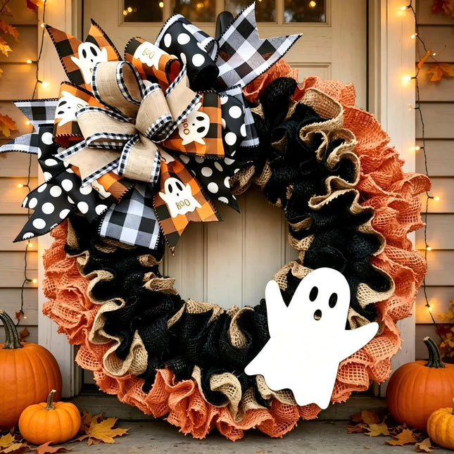 Halloween Front Door Wreath, Burlap Halloween Wreath with Ribbon and Ghost