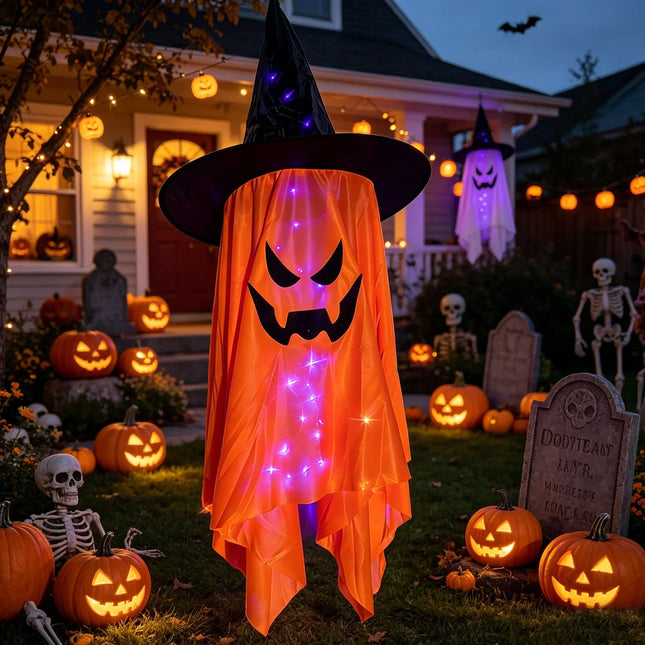 Glowing Eyes Ghost Halloween Decorations Outdoor, Halloween Ghost Figure with Witch Hat, Halloween Party Decor_01