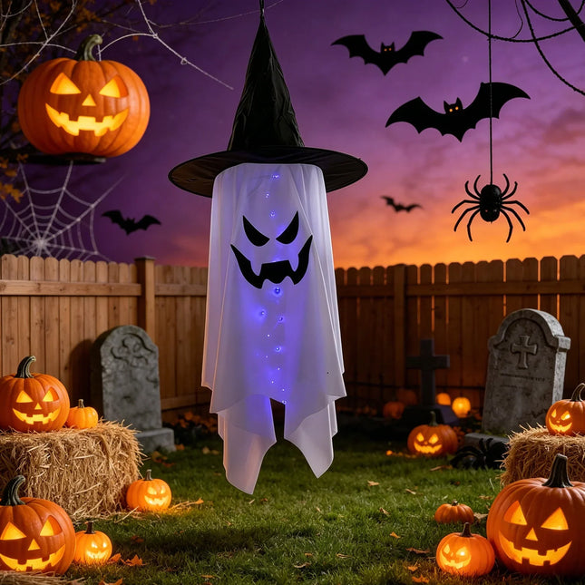 Glowing Eyes Ghost Halloween Decorations Outdoor, Halloween Ghost Figure with Witch Hat, Halloween Party Decor_03