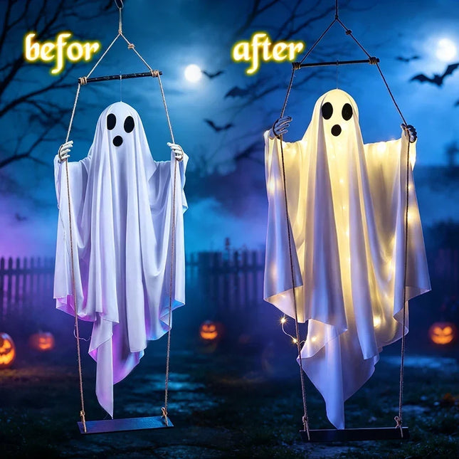 Lighted Ghost Hanging Halloween Decorations 61 Inch, Halloween Outdoor Decor with Warm LED, Halloween Party Decor_01